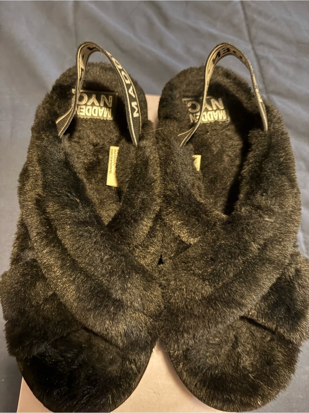 Women's Black Faux-Fur Crossband Sling Slide Slippers